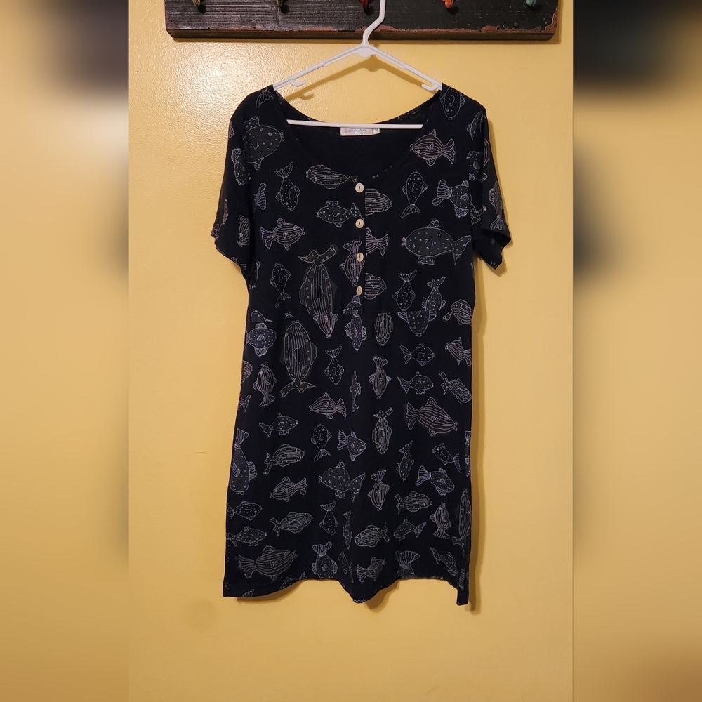 Fresh Produce Navy Blue Mini Dress with White Fish Print